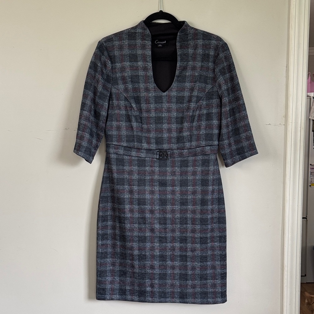 Connected Apparel Petite‎ 10 Blue Plaid Sheath Dress Work Office Belted Like New